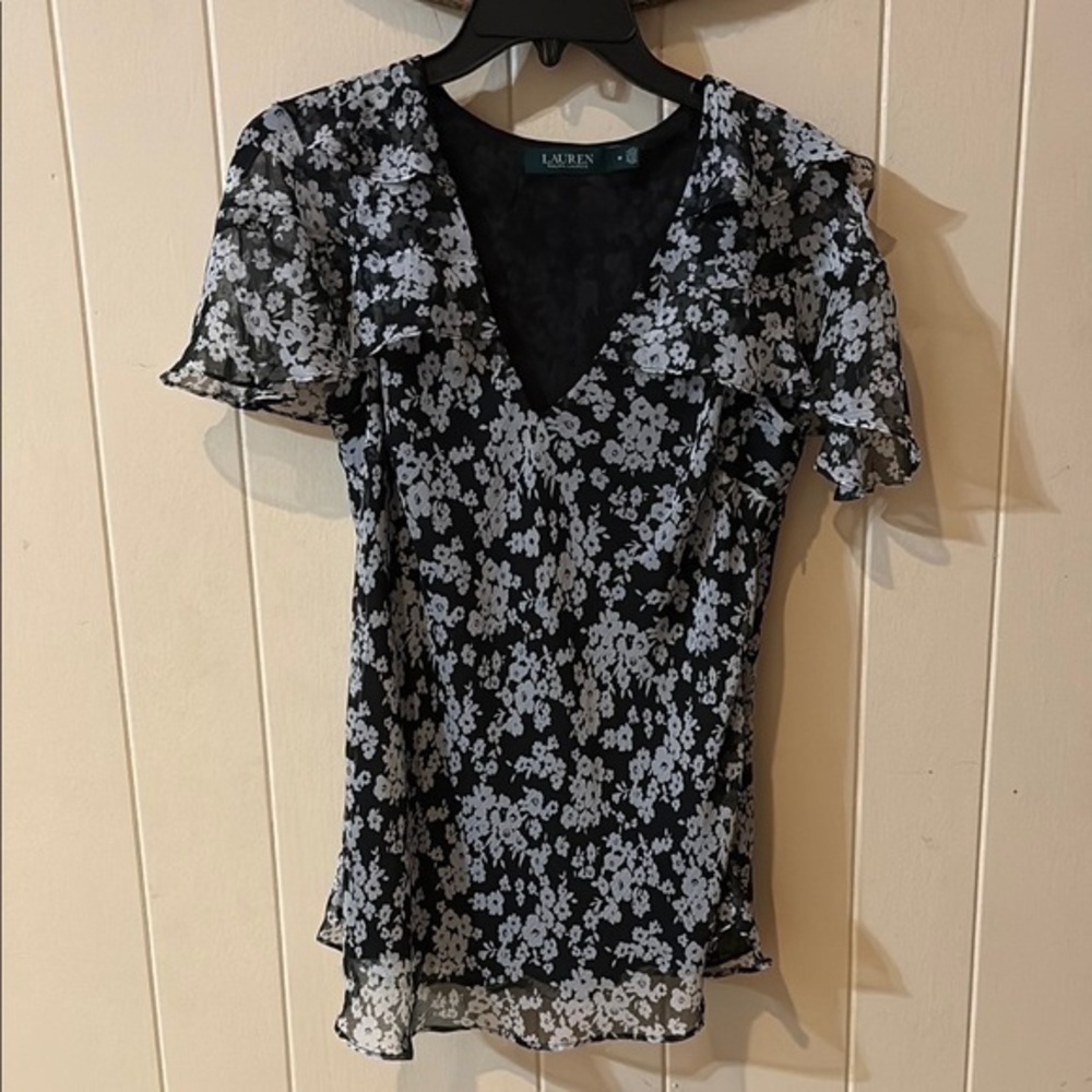 Ralph Lauren Black and White Fitted Flutter Sleeve Blouse